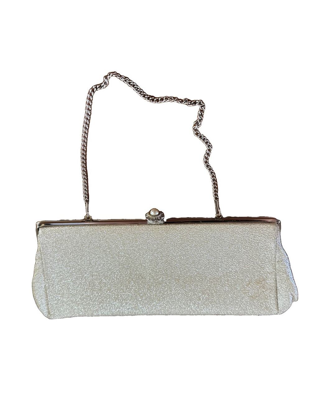 VTG 1960s Silver Lamé Evening Bag Clutch Faux Pearl Flower Clasp Chain Strap